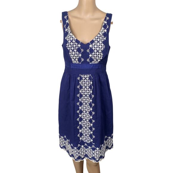 Anthropologie Y2K Blue White Embroidered Eyelet A-line Dress SZ XS - Picture 1 of 10